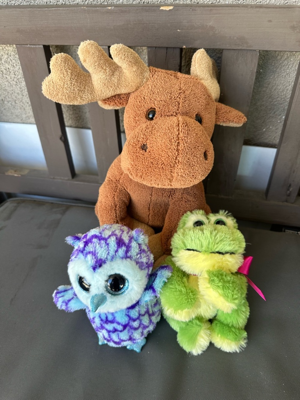 Plush Moose with Purple/Blue Owl & Green Frog Stuffed Toy Trio